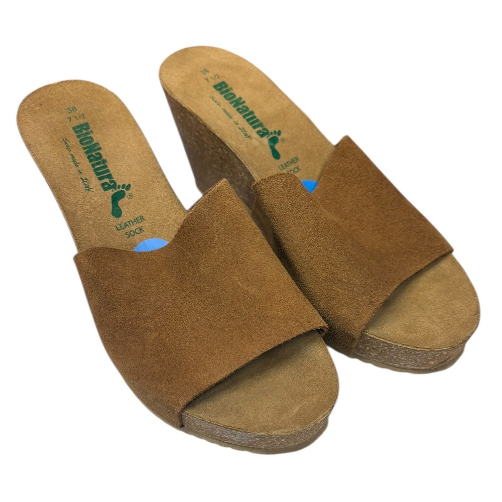 BioNatura Women's Wedge Sandals Suede Brown Leather Earthy Boho Size 7.5